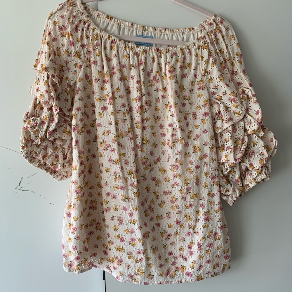 Eyelet floral ruffle sleeve top. CeCe M